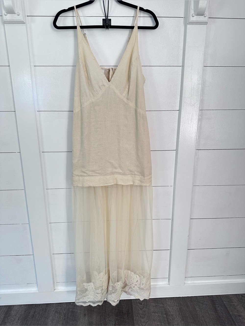 Anthropology Celandie M cream linen lace trim sheer bottom coastal maxi dress - Picture 5 of 16
